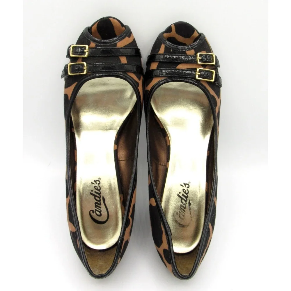 Candies Heels Brown & Black Leopard Fabric 3.5-Inch Heel Peep Toe Size 7M